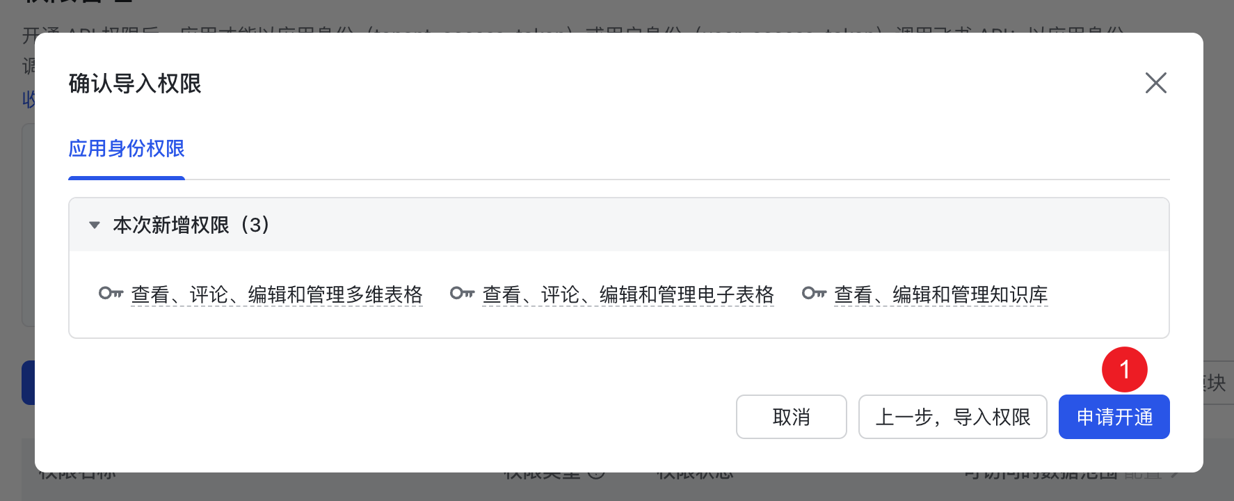 确认并申请开通三项应用身份权限